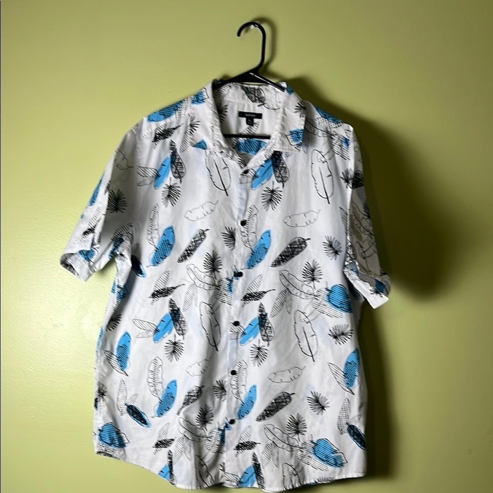 AlFANI men’s White and Blue Feather Print Shirt